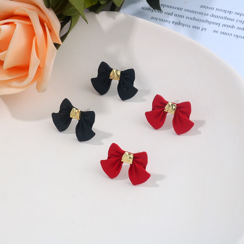 Anting 925 Silver Needle Bentuk Pita Warna Merah Untuk Wanita