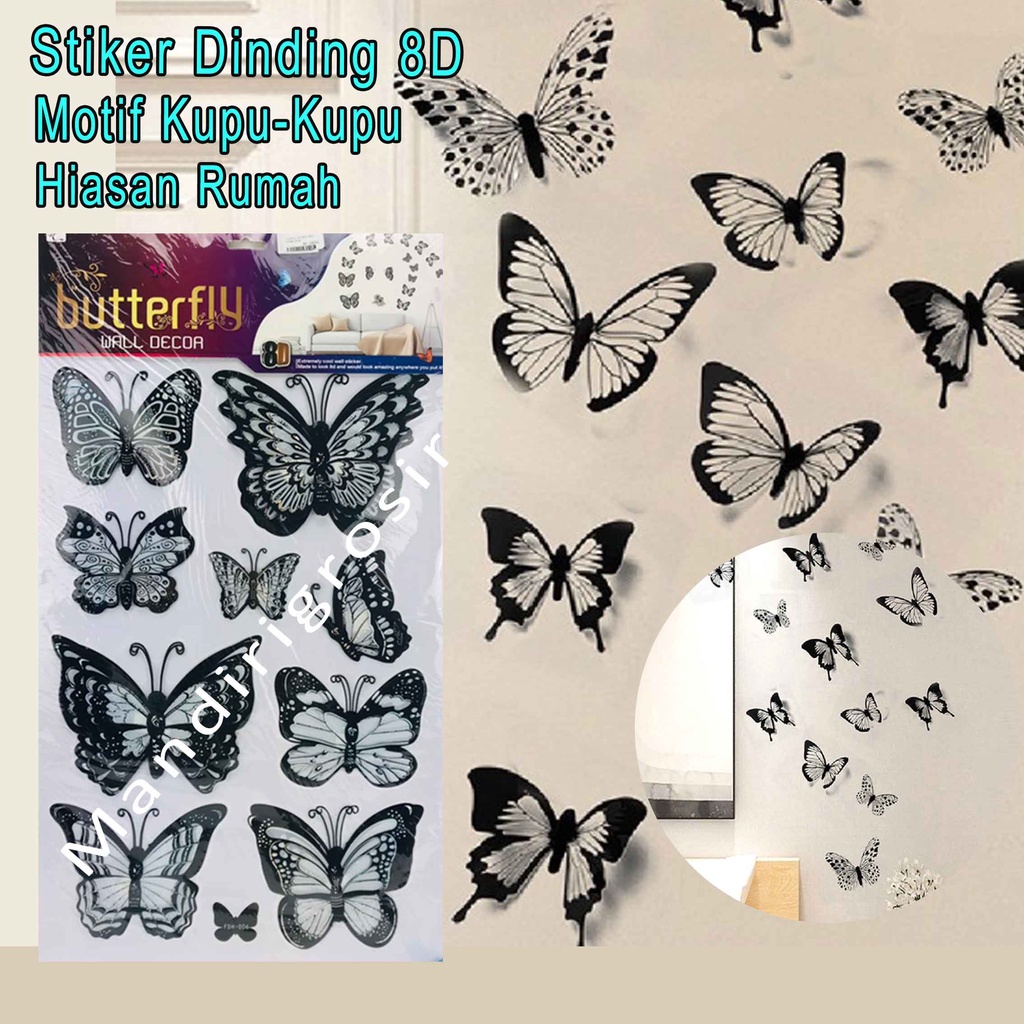 Stiker Dinding 8D *Stiker * Stiker Motif Kupu-Kupu * Hitam Putih