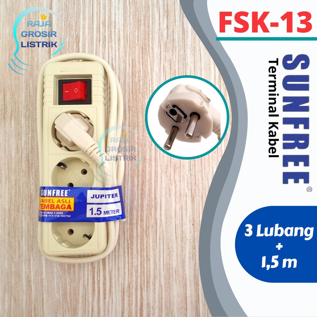 Stop Kontak Sunfree Arde 3 lubang + kabel 1,5 M Jupiter 13 Super Murah Free Bubble