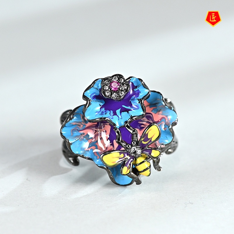 [Ready Stock]Black Gold Diamond Bee Enamel Ring Exquisite Fashion