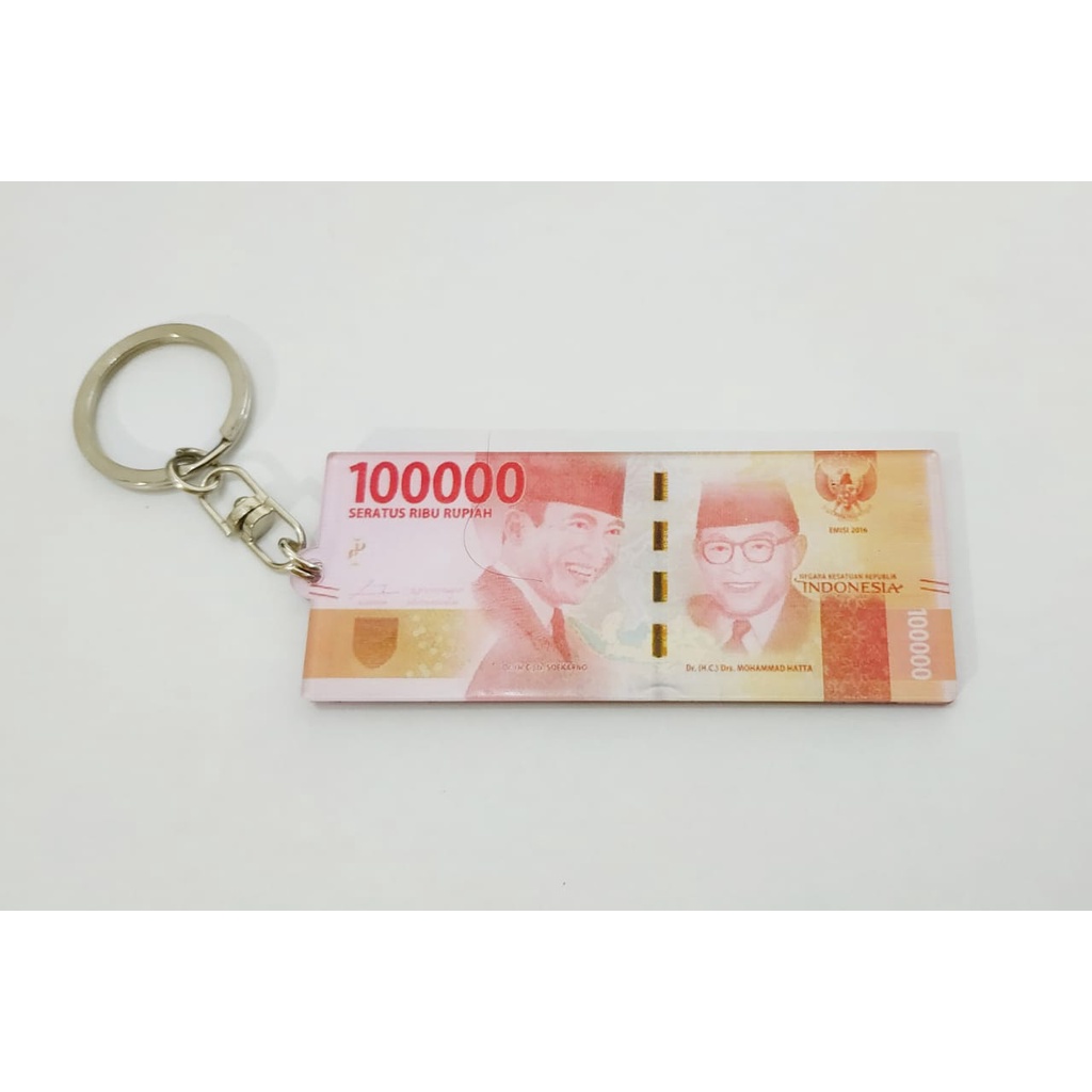 Gantungan kunci akrilik miniatur uang Rp.100.000