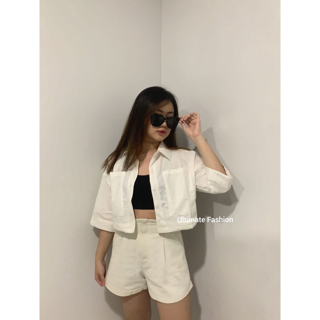 Atasan Kemeja Blouse Top Wanita Crop Linen  Premium Amanda Terbaru Kekinian