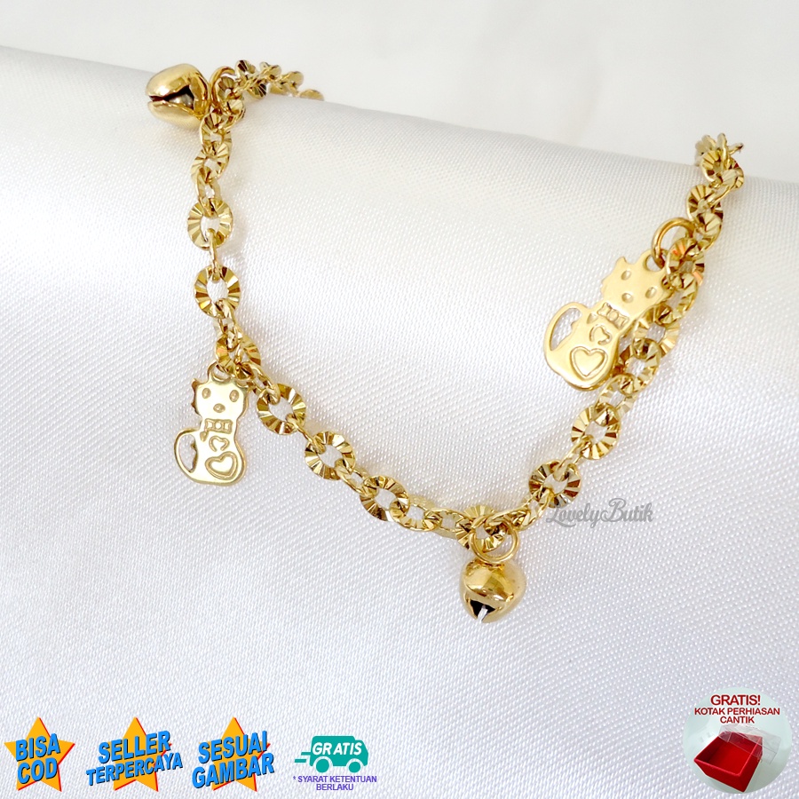 Lovelybutik Gelang Anak Perempuan Titanium Asli Anti Karat Gelang Tangan Anak Kitten Kecil Krincingan Rantai Nori Donat Ukuran 15 Cm BONUS TEMPAT PERHIASAN