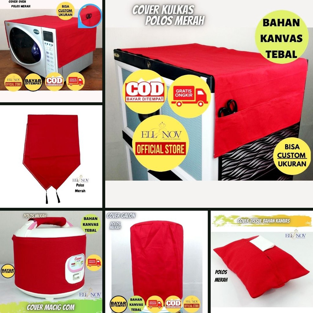 Aneka Sarung Furnitur Polos Merah Taplak Meja Cover Kulkas Oven Galon Magic com Tissue Homemade