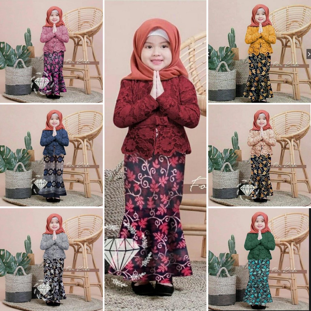 (RealPict!) Set Shireen Kids Kebaya Brukat Cord Tulang Anak &amp; Rok Batik Duyung 7 Warna Set Shiren