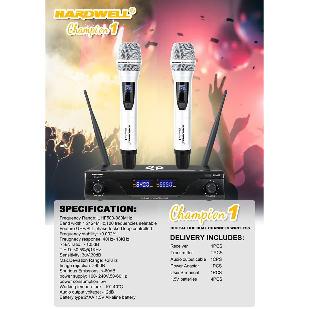 Mic Wireless HARDWELL CHAMPION 1 Frequenci UHF 2 Mic Handheld  Original