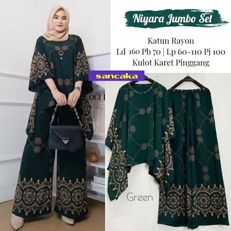 NIYARA JUMBO SET Baju Setelan One Set Tunik Waka Waka Kulot Celana Panjang Motif Batik Wanita Modern Kekinian Jumbo Big Over Size Rayon Santung Ld 130 140 150 Cm Baju Tidur Santai Piyama Fashion Muslim Batik Putri Almaz