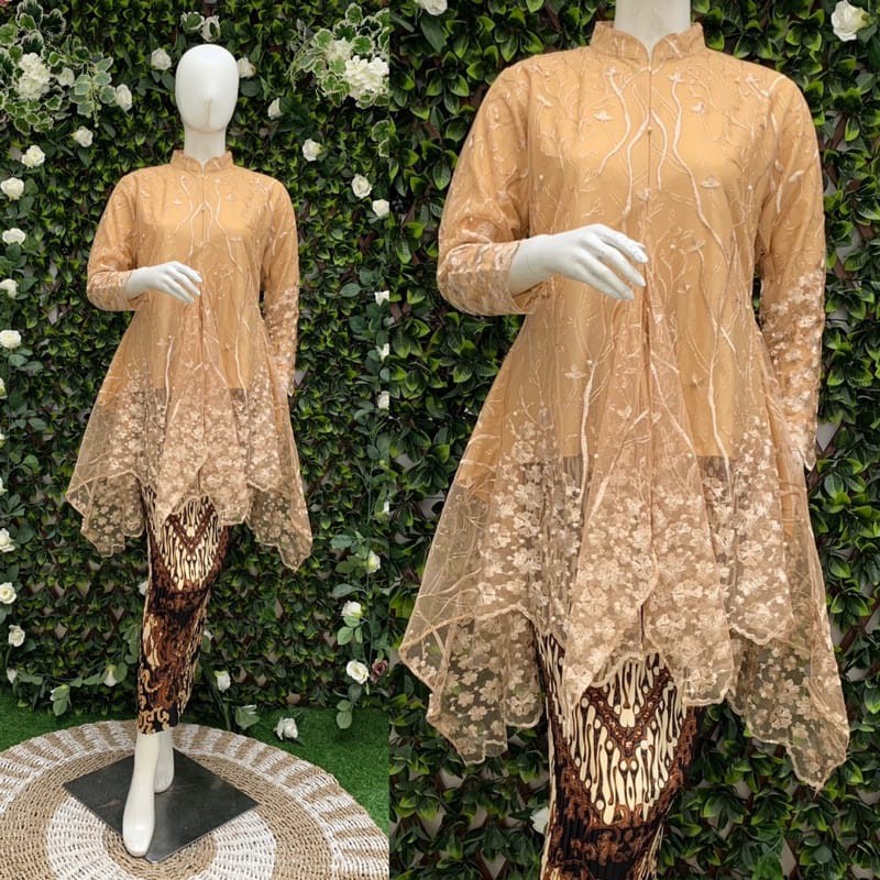 terbaru set kebaya tunik mauri / set kebaya tunik tulle mutiara bordir timbul / set kebaya pesta