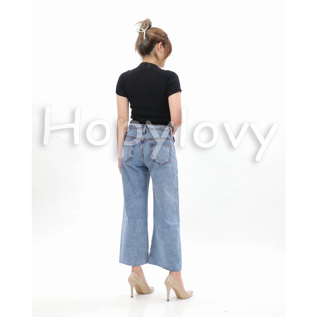 HOPYLOVY Celana Kulot Highwaist Jeans Wanita BF Ripped Unfinished Jehana