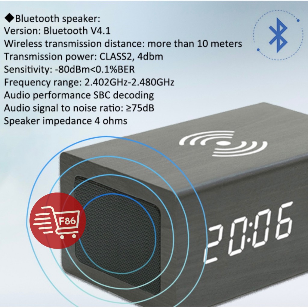 Jam Meja Kayu Digital Led /Jam Estetik + SUHU + Bluetooth Loudspeaker + Wireless Charging /Digital Wood Smart Alarm Clock/ ESTETIK JAM WEKER Speaker