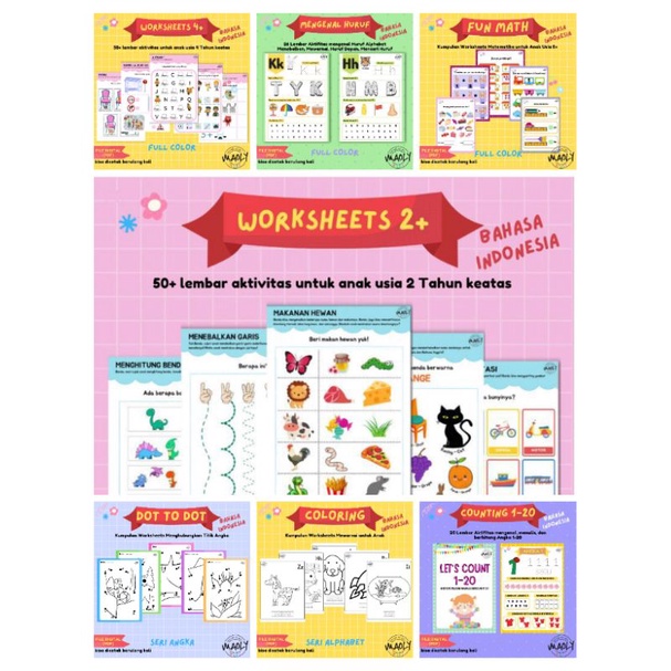 50+ Worksheet Anak Printable 2Tahun Matematika Mewarnai/ Buku Lembar Kerja Anak Ebook/Materi Belajar Anak PAUD/TK/Pra-TK