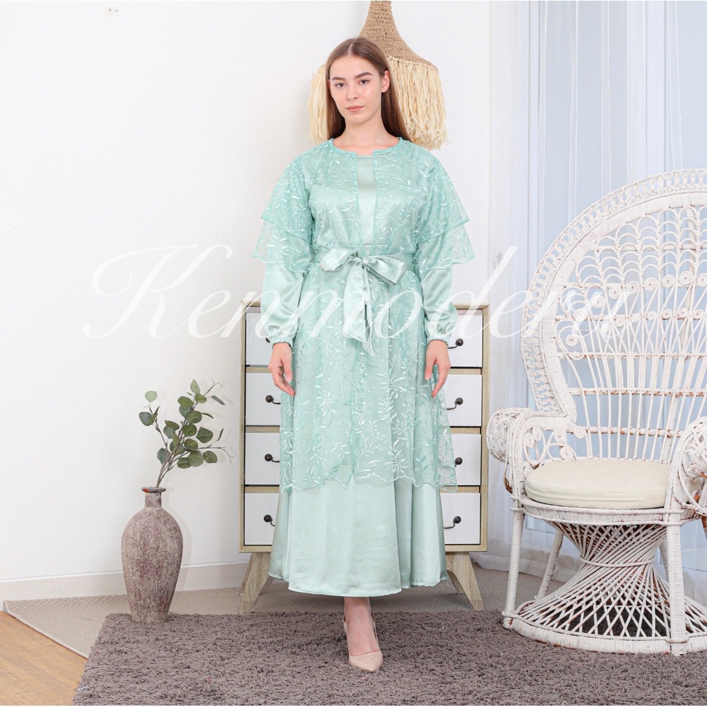 Produk Baru Ken-260 Busana 2 Pieces Gamis brukat Tulle kondangan Longdress Wedding Long Dress hijab Muslim Wanita mewah premium free tali Pinggang