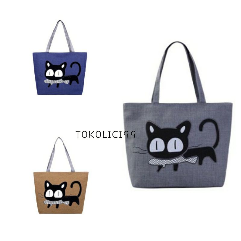 Tote Bag Kucing Lucu Makan Ikan