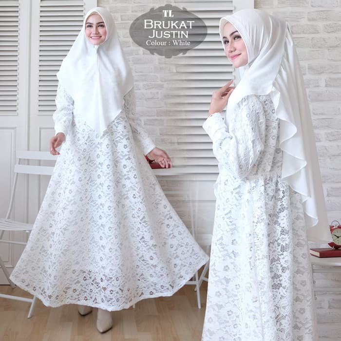 Gamis Putih Syari Brukat Justin White TL Gamis Wanita Brukat Putih Terbaru Murah
