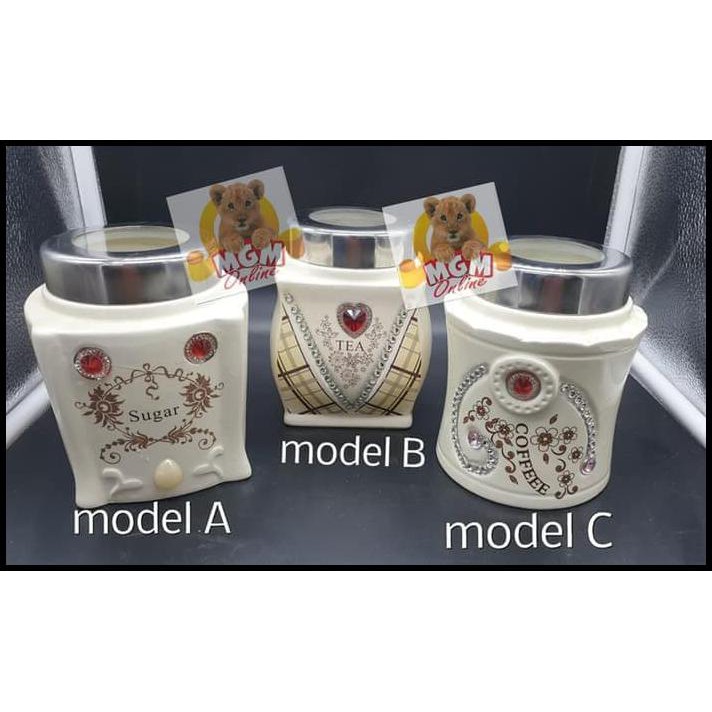 Terbaru Tempat Kopi & Gula & Teh Keramik Mutiara Set 3Pcs W/ Rak Stainless