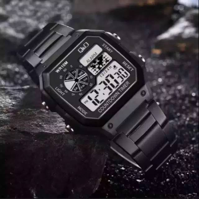 (G_W)Jam Tangan Pria Kasual Sport Digital QQ Segi Strap Rantai Steel