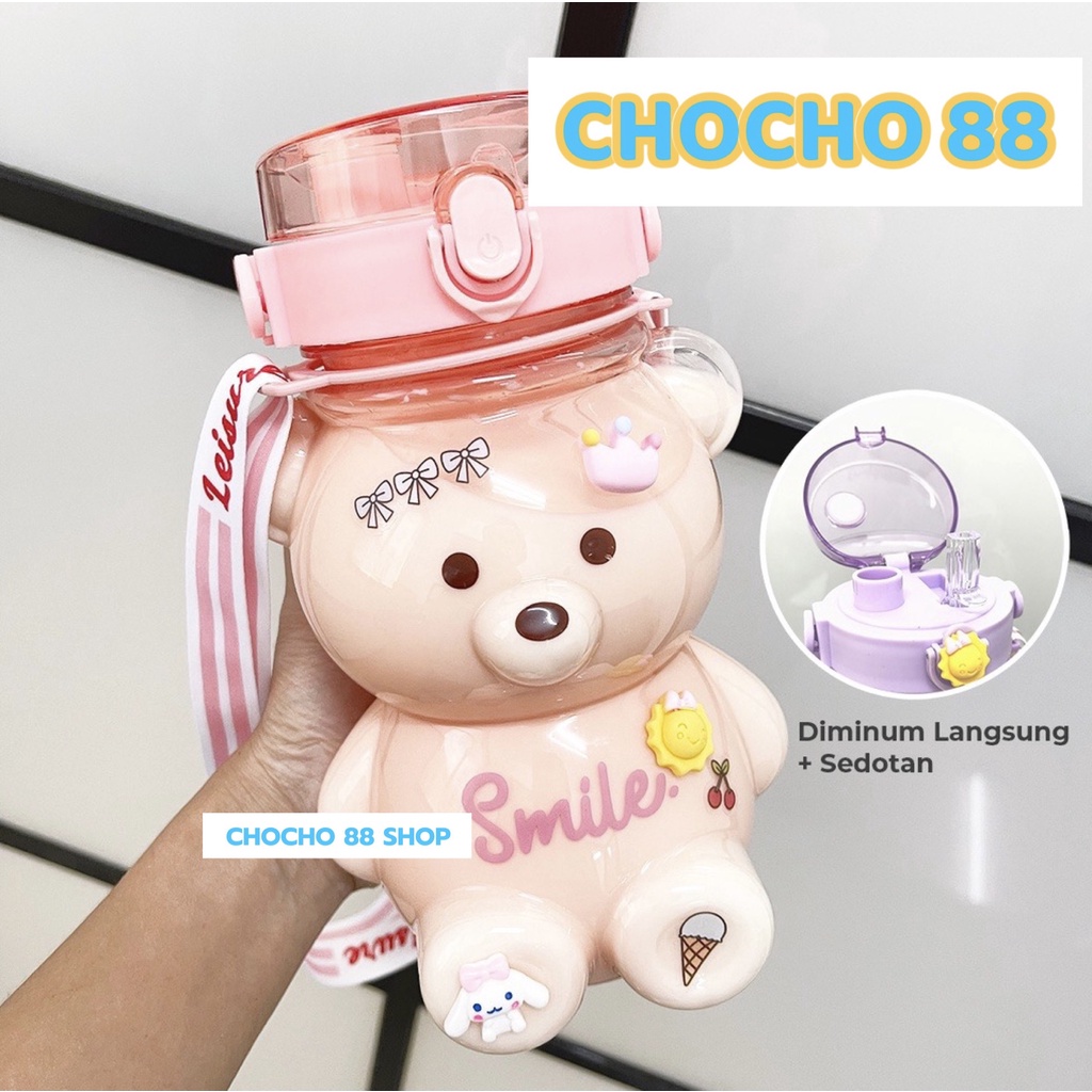 Botol Minum Aesthetic Bear Beruang Transparan 1400ml 1 4 Liter Free Sticker 2D dan 3D TAKASIMURA STO