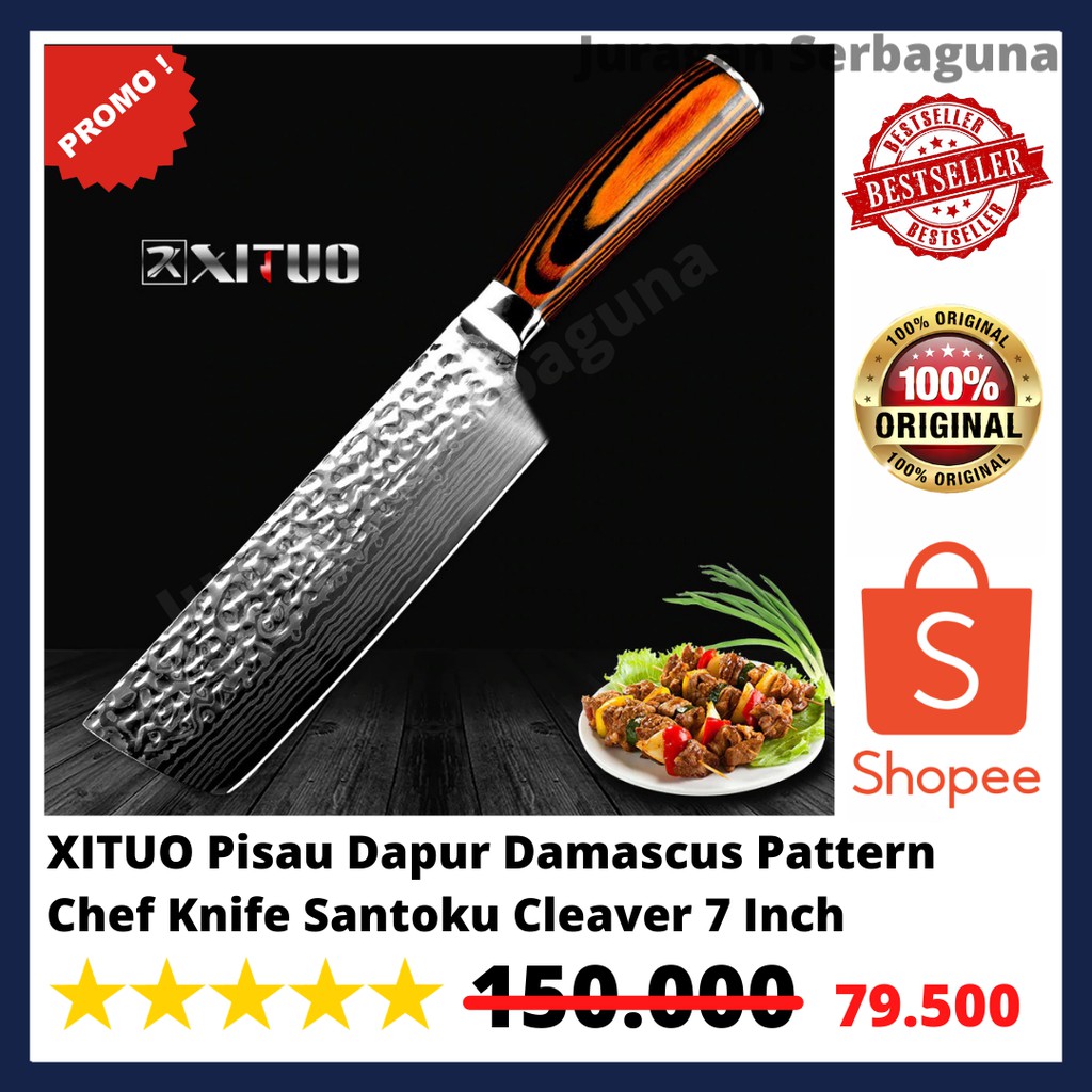 XITUO Pisau Dapur Damascus Pattern Chef Knife Santoku Cleaver 7 Inch - CK114 - Silver