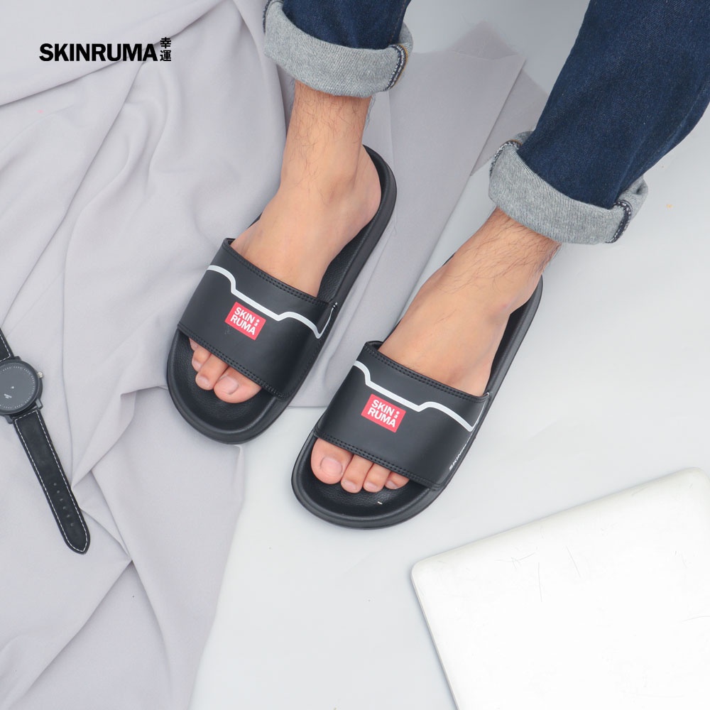 Sendal Selop Casual Pria SKINRUMA Rogo Rain Hitam Merah / Sendal Slide Pria / Sendal Slip On Pria