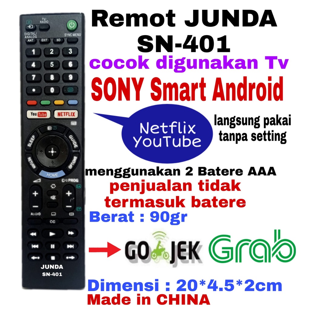 REMOTE REMOT JUNDA 401-YOUTUBE COCOK DI TV LED SONY BRAVIA SMART TV ANDROID SEPERTI ORIGINAL