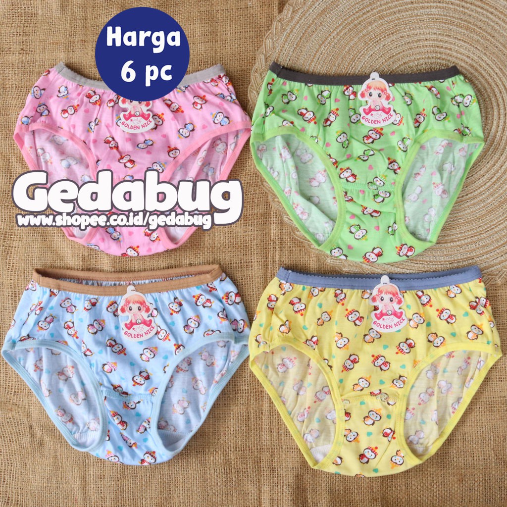 ( 6 Pcs ) Celana Dalam Anak Golden Nick 057 WARNA Print | CD Anak Perempuan | Gedabug