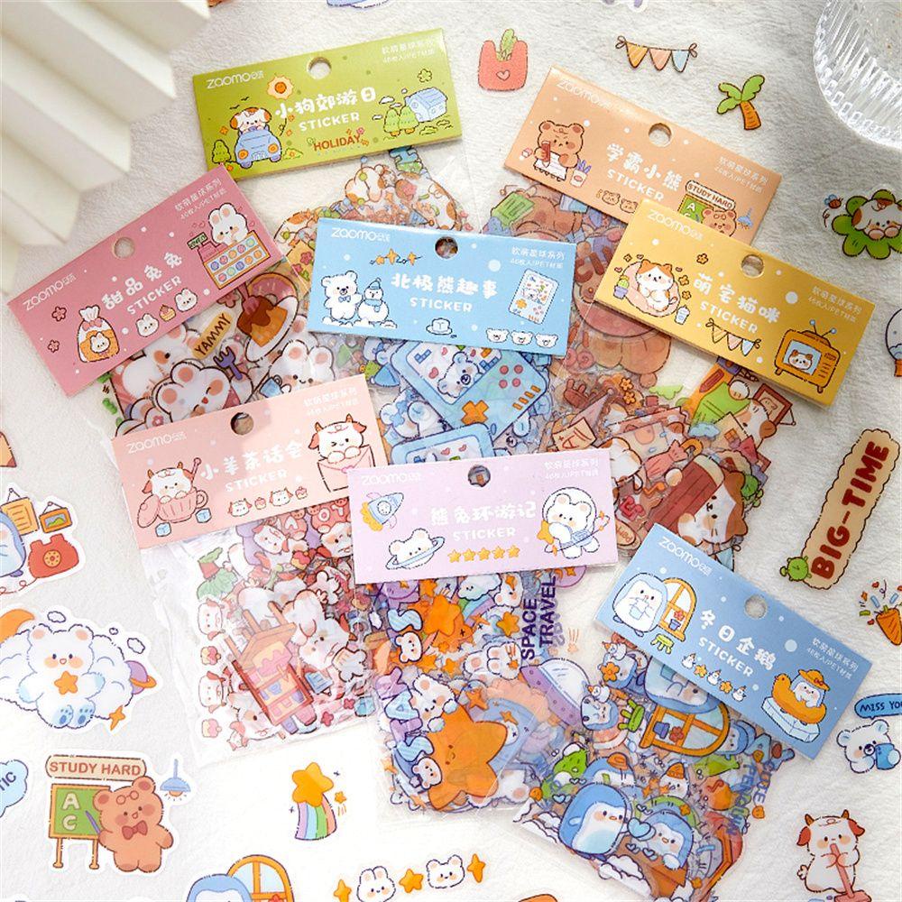 Solighter 46pcs Stiker DIY Alat Tulis Warna-Warni Hewan Kawaii Kartun PET Stiker