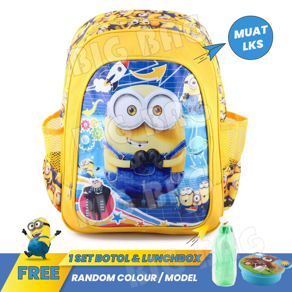 Tas Ransel Anak MINION - Present - Yellow + FREE Botol Minum &amp; Lunchbox RTM