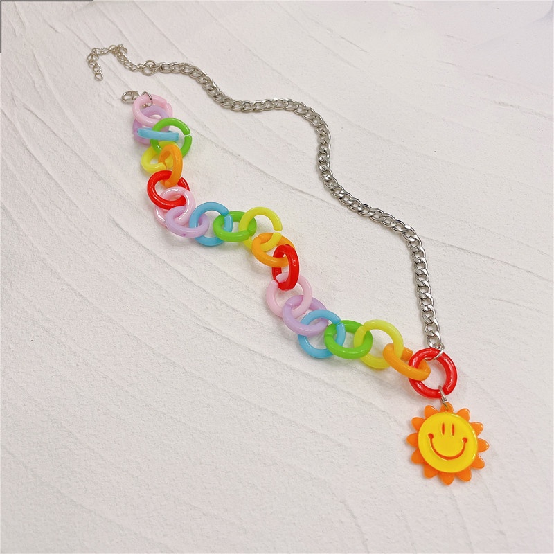 Korea Harajuku Style Sunflower Necklace Colorful Chain Stitching Necklace