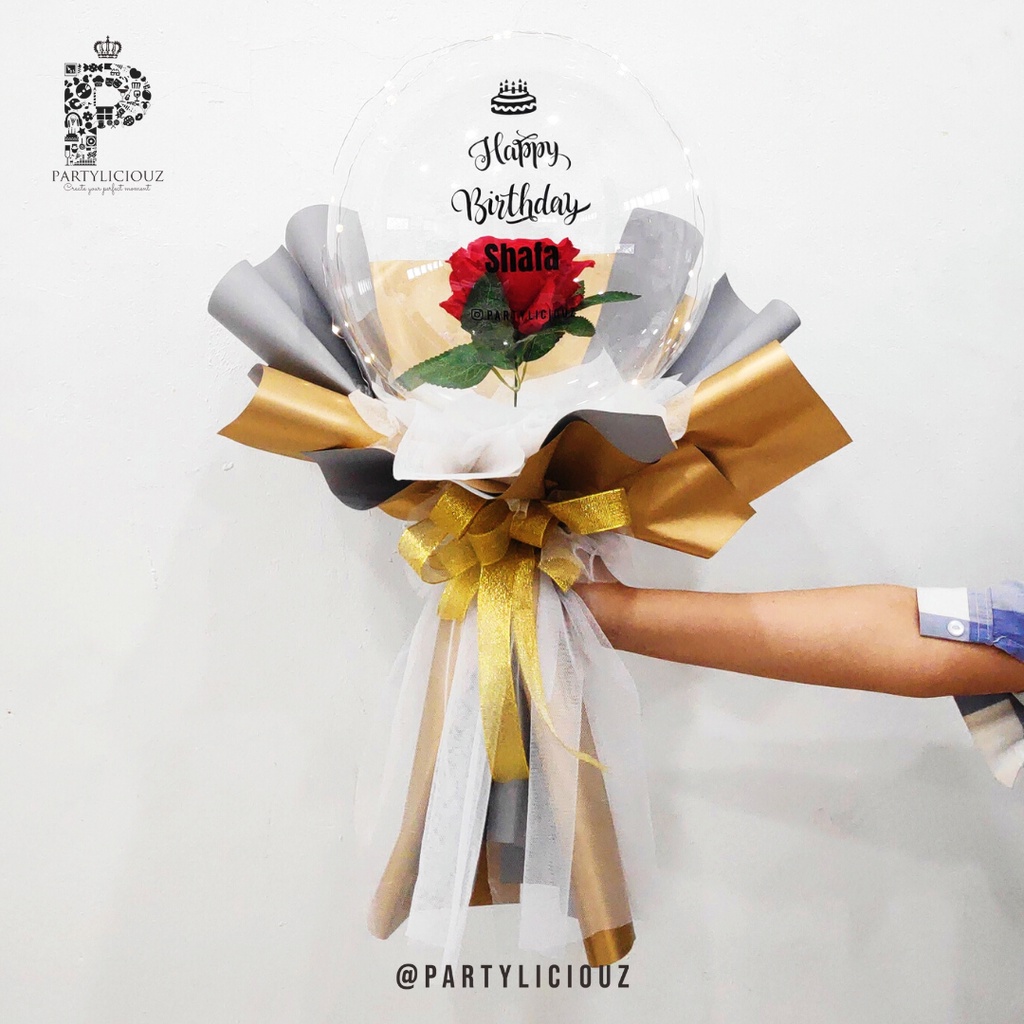 SINGLE ROSE INSIDE BALLOON - BUKET BUNGA BALON HADIAH HAMPERS KADO BUCKET GIFT PARCEL PARSEL