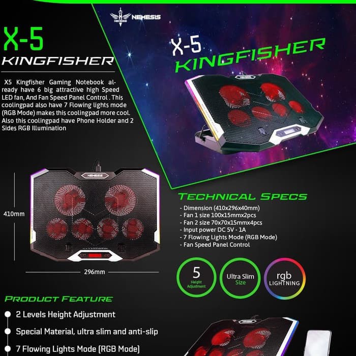 Cooling pad Cooler FAN laptop Nyk X-5 Kingfisher 6 fan RGB X5