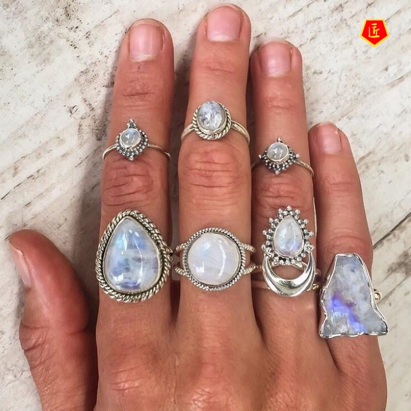 [Ready Stock]Big Diamond Pear-Shaped Moonstone Ring Exaggerated Punk Style