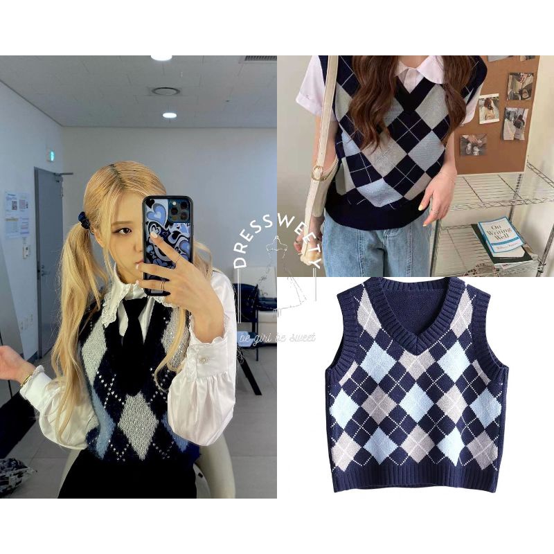 Vest Rose blackpink dupes knit import korea / Vest retro argyle pattern knit rajut