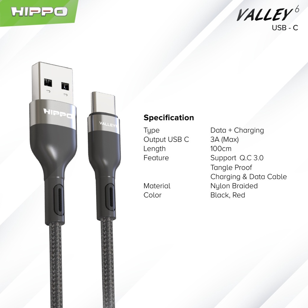 Hippo Kabel Data Valley 6 Braided USB to TYPE C 3A Quick Charge 3.0A Fast Charging Android Data Cable