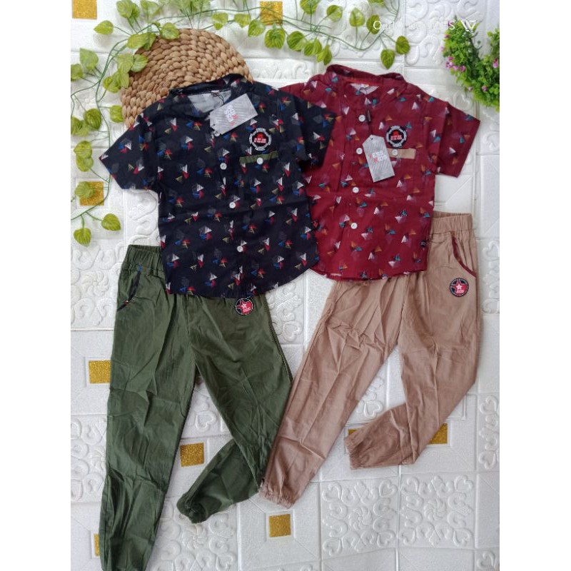 SETELAN KEMEJA YESSKIDS CELANA PANJANG ANAK LAKI LAKI 2-14 TAHUN / SETELAN KEMEJA ANAK CELANA CHINOS IMPORT YESS KIDS CELANA PANJANG MOTIF CIRCLE ABSTRAK