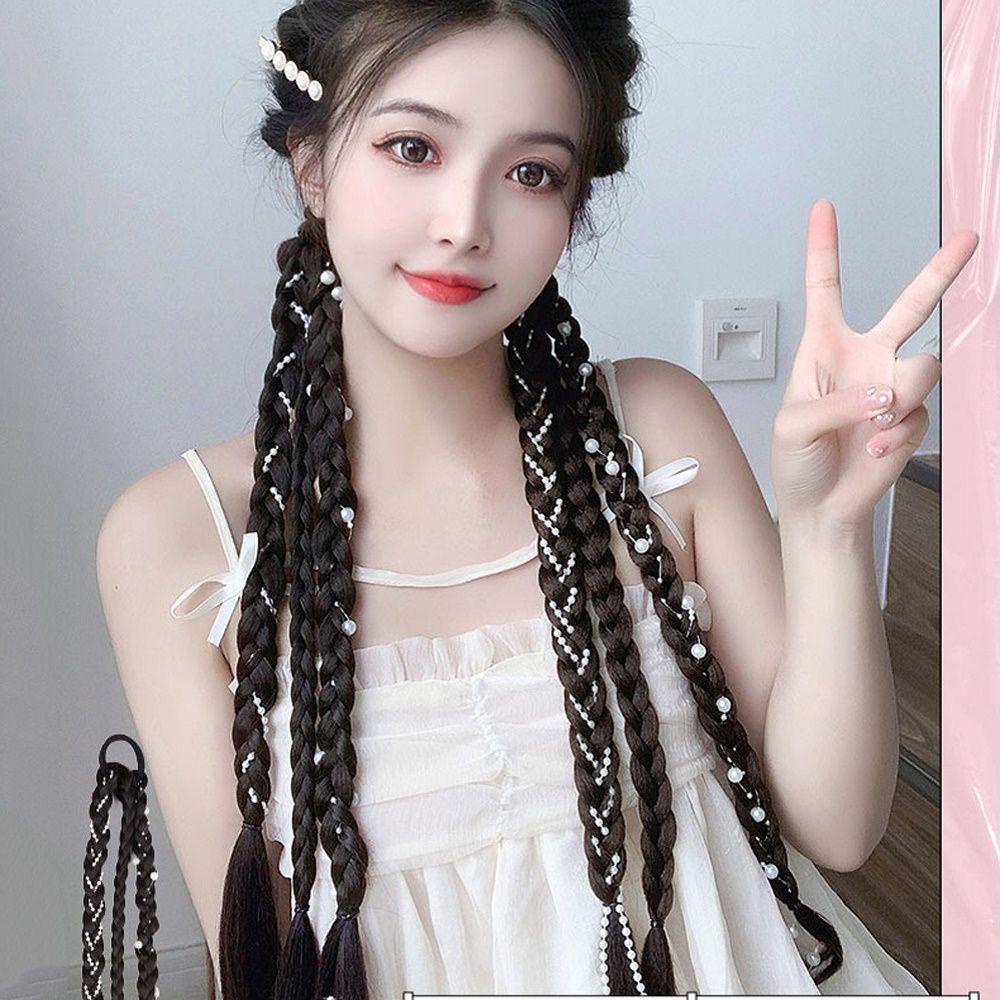 Needway   Wig Kepang Sintetis Streetwear Rambut Lampion Elastis Untuk Anak Perempuan Rambut Gimbal Krean Hair Band