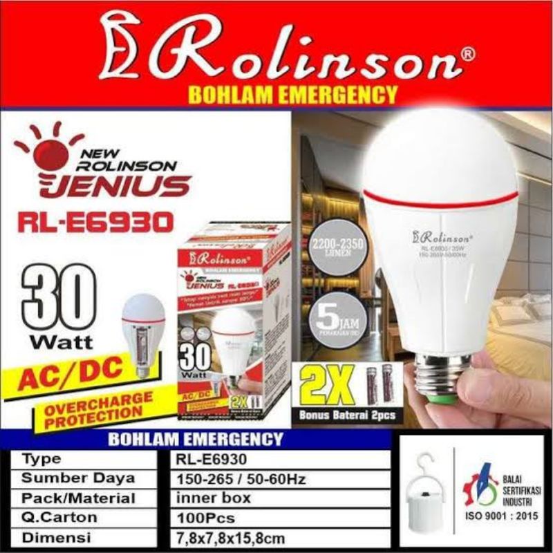 Lampu emergency ROLINSON 30w 2 baterai 18650