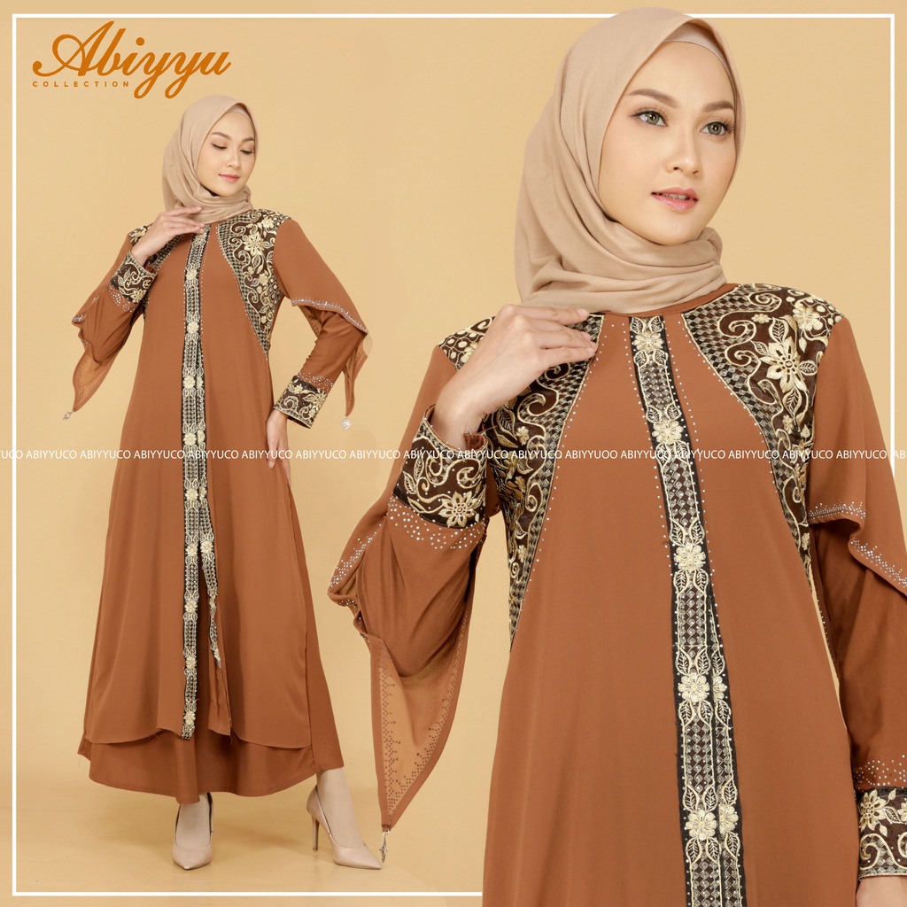 Abiyyuco TA9012 | Abaya Turkey / Abaya Turki / Abaya Hitam / Abaya Warna / Abaya Jersey mix Ceruty, dengan aplikasi bordir renda dan mote swarovsky, ready warna hitam, maroon, hijau botol, navy, coklat, biru toska, lemon, dan kuning kunyit