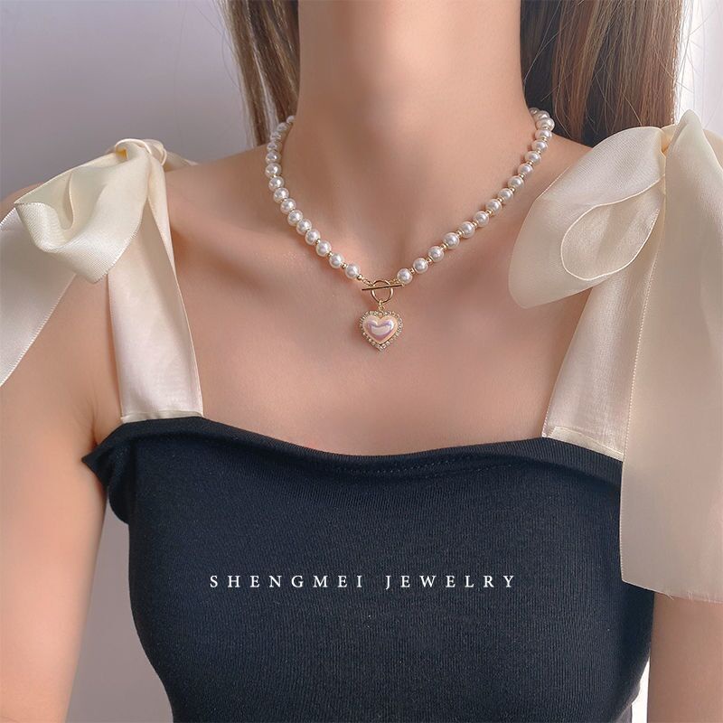 AY(CN) Fashion Love Heart Dangle Pearl Necklace Simple Design Fresh Necklace for Women Jewelry Accessories Gift