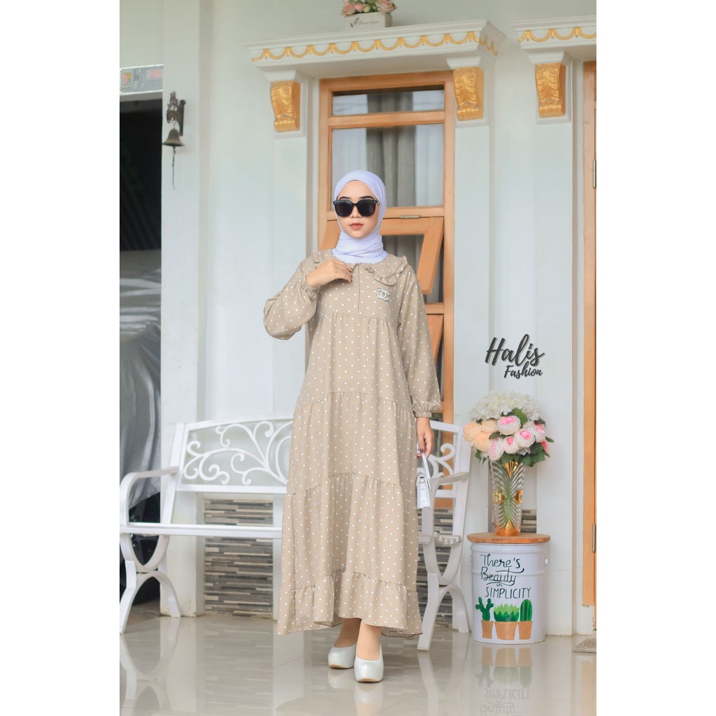 MIDI DRESS KATUN SHAKILA ABSTRAK SALUR POLKA ORIGINAL HALIS FASHION busana muslim baju wanita dress syari kajep maxidress gaun pesta