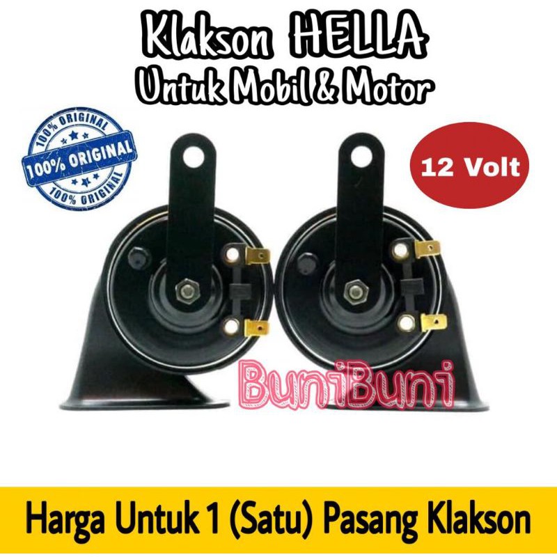 KLAKSON Keong HELLA Hitam Original Komplit Kabel Relay Untuk Mobil &amp; Motor 12 Volt (Sepasanģ)