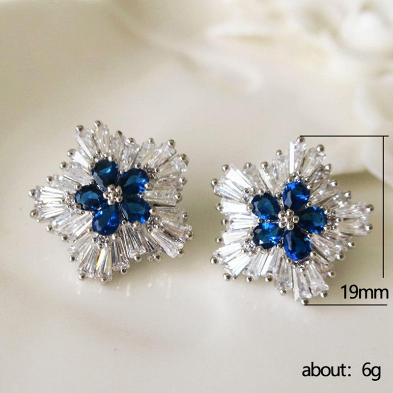 Fancyqube Anting Stud Desain Bunga Estetik Biru / Putih Bahan Cubic Zirconia Untuk Pernikahan