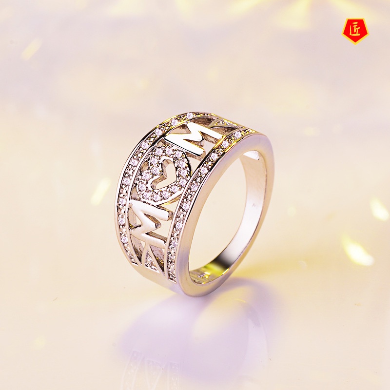 [Ready Stock]Platinum Diamond-Embedded MOM Heart-Shaped Ring Female