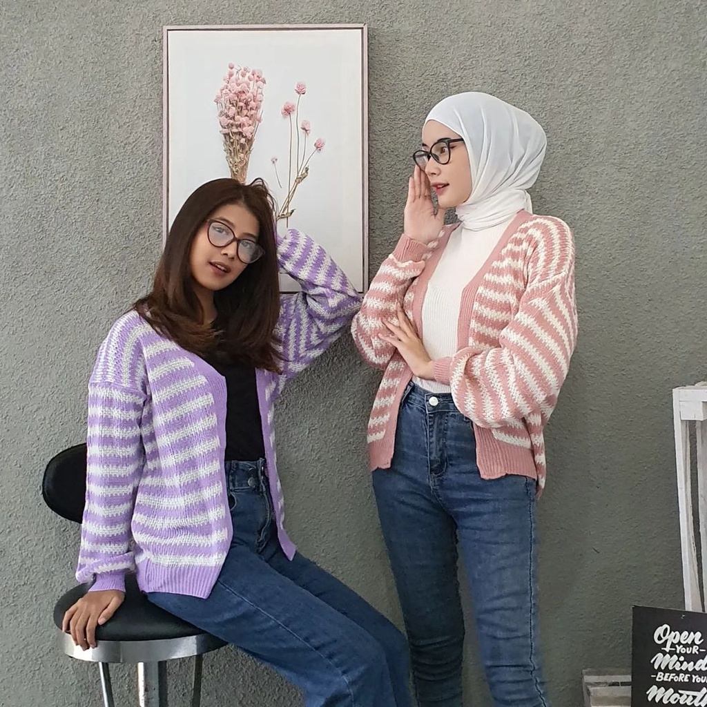 Cardigan Rajut Wanita Jumbo Cardy Outer Ootd Garis Belang Terbaru Kekinian OZA KARDIGAN OVERSIZE