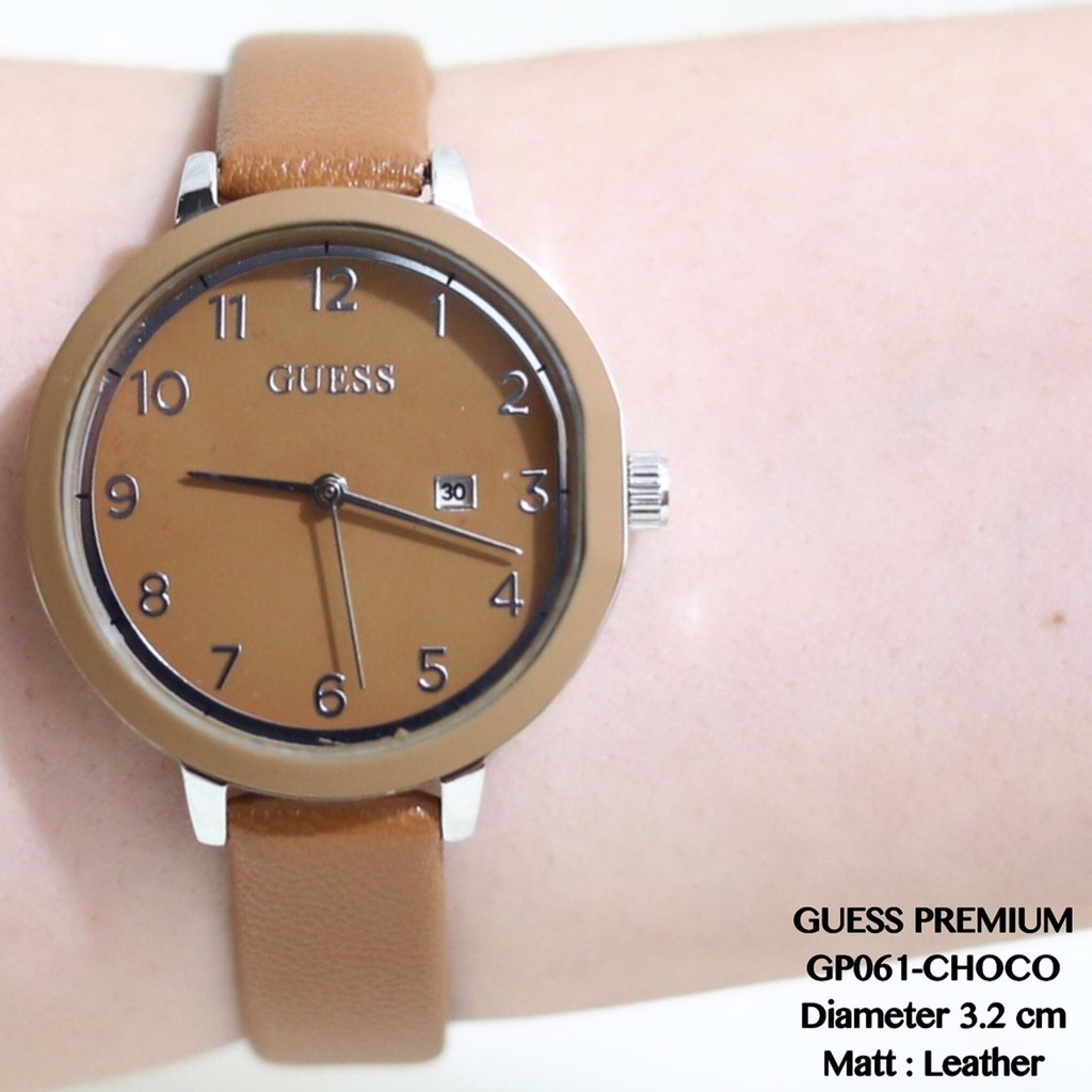 Jam tangan wanita guess premium tanggal aktif tali kulit leather flash sale termurah GP061