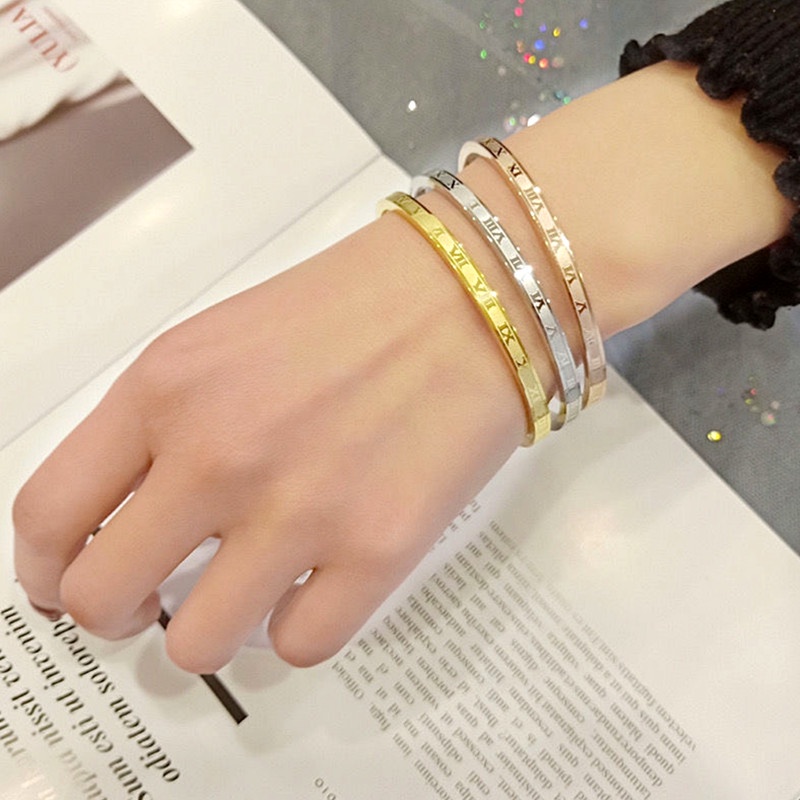 Gelang Titanium Premium Anti Karat Angka Romawi Lapis Emas 18K Korea Perhiasan Wanita