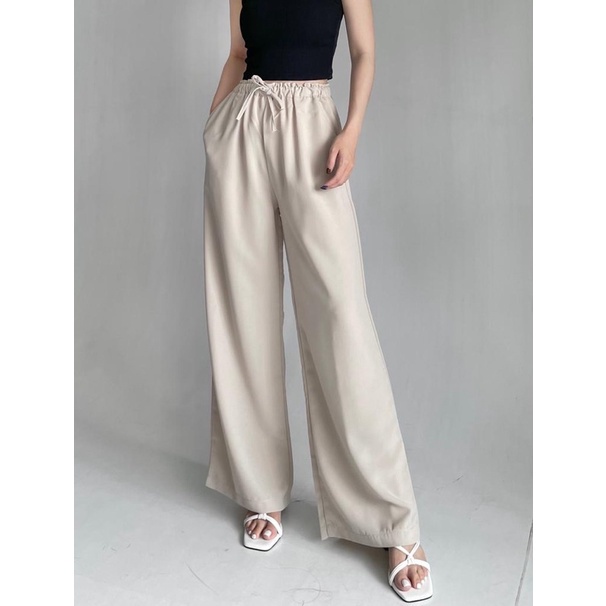 SIVALI KIYO PANTS | Celana Kulot Highwaist Wanita Pinggang Full Karet - Loose Pants Anti Kusut - Celana Bahan Kantor