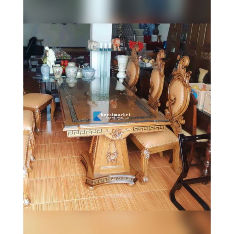 Meja makan kursi 6 mewah jati solid meja dan kursi makan ulir furniture asli jepara