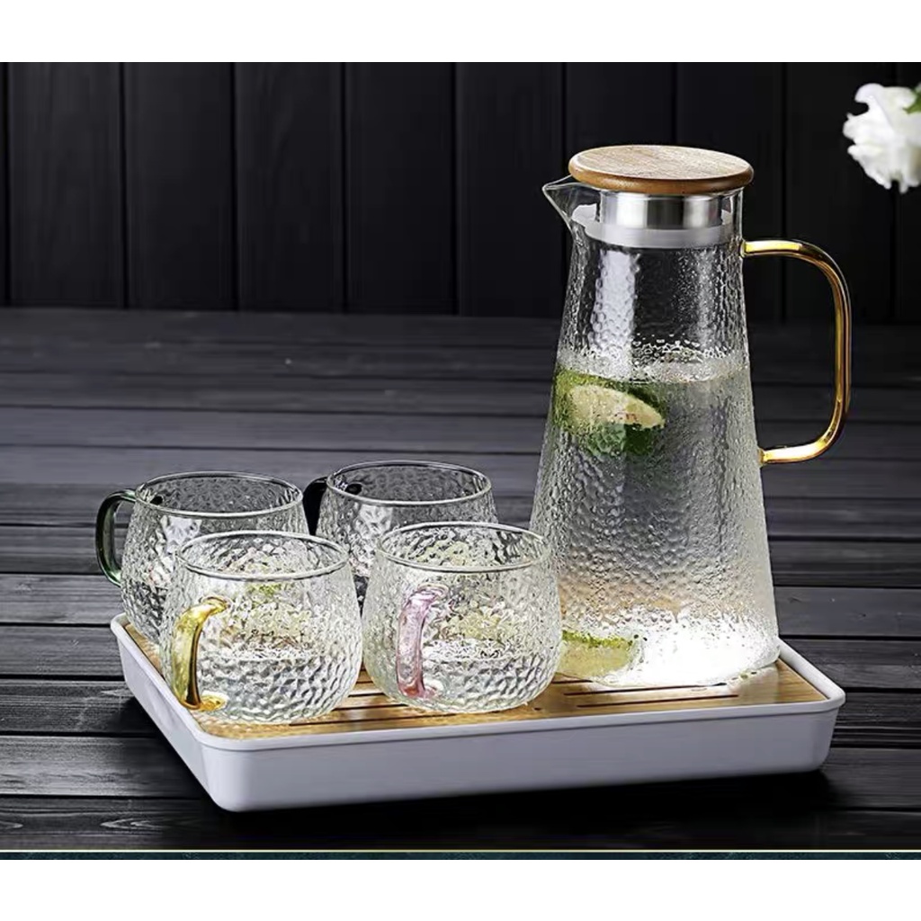 Set Kaca Crystal Teko + Gelas + Alas kayu Bahan Kaca Tahan Panas