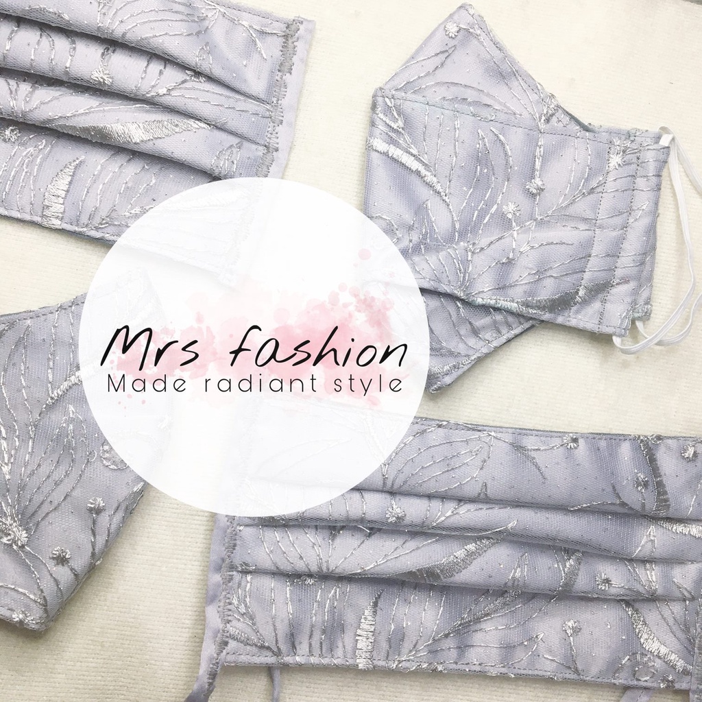 masker kain pesta kondangan hijab tiga 3 lapis brokat brukat tile tule mix katun abu muda silver - C