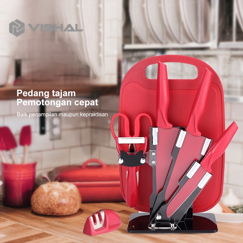 VISHAL Pisau Set 5 +Talenan+ Pengasah Pisau / Gandum Stainless Pisau Dapur VS-1816